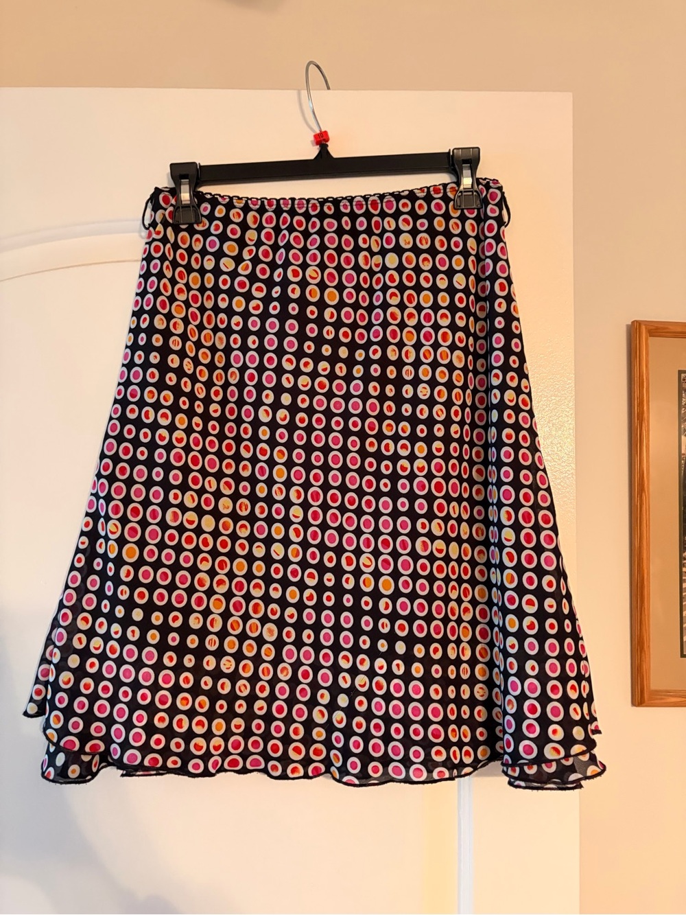 Central Park West Black Circle-Print Skater Skirt with Pink & Orange Dots